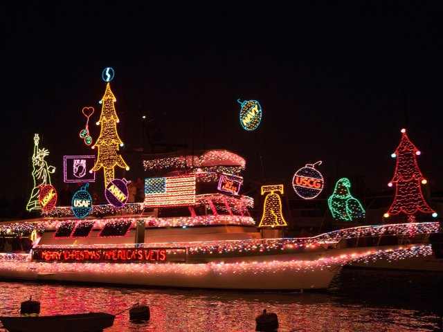 Boat decorated with holiday lights in Newport Beach, California