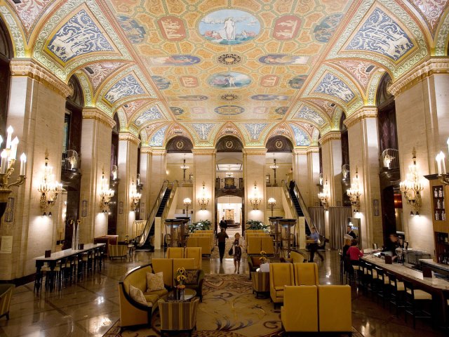 Grand lobby with painted ceilings inside the Palmer House in Chicago, Illinois