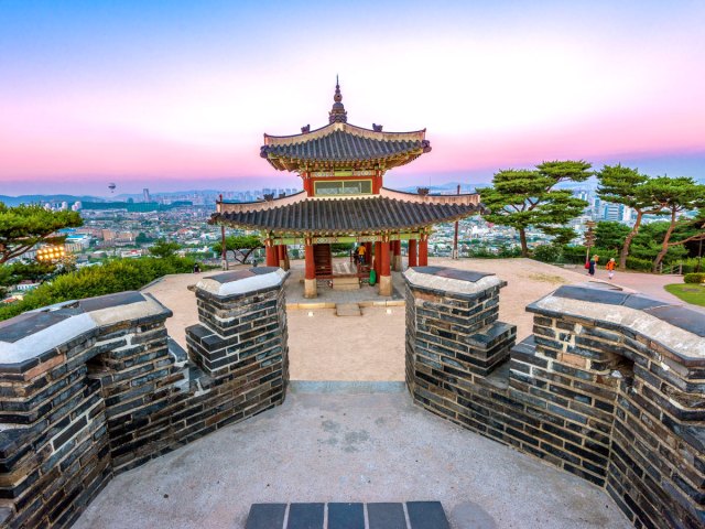 Hwaseong Fortress on hilltop overlooking Suwon, South Korea
