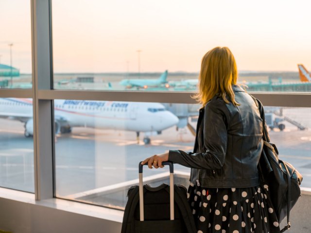 Traveler rolling suitcase next to window overlooking airport tarmac