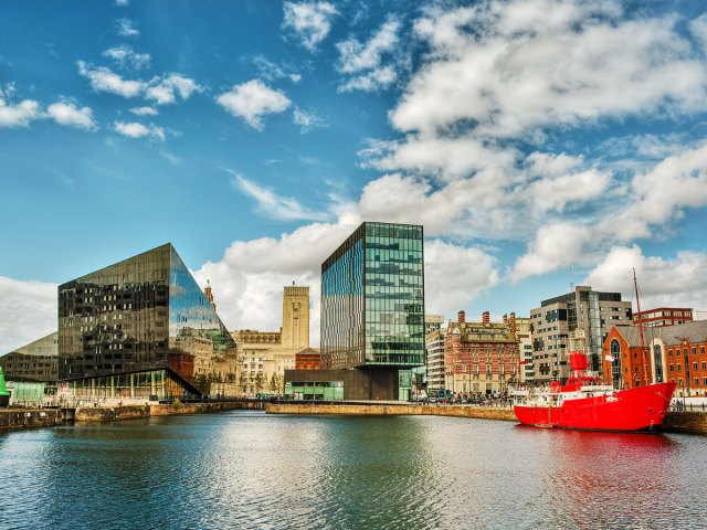 Buildings along river in Liverpool, England