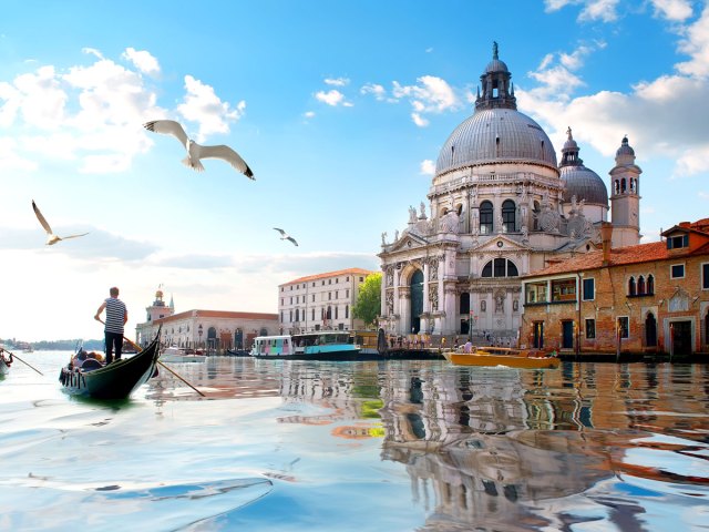 Gondola and birds flying over canal in Venice, Italy