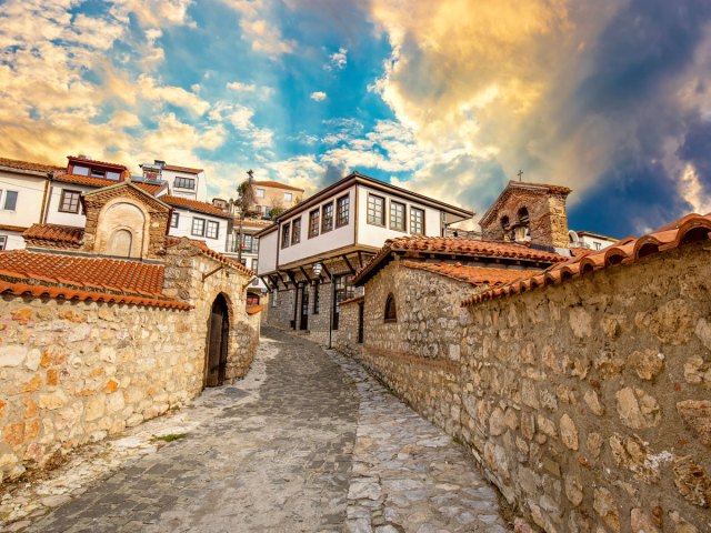 Narrow stone street in the old town of Ohrid, North Macedonia
