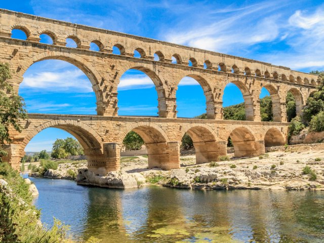 Pont du Gard aqueduct bridge crossing river in southern France