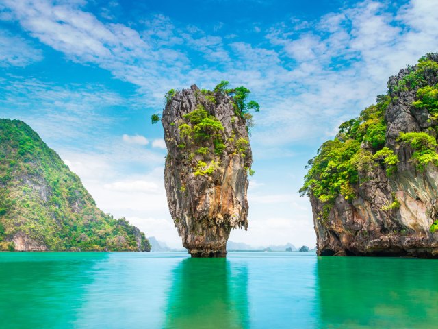 Flowerpot-shaped karst tower rising from the sea in Thailand