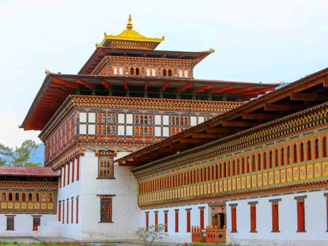 Exterior of Tashichho Dzong in Thimphu, Bhutan