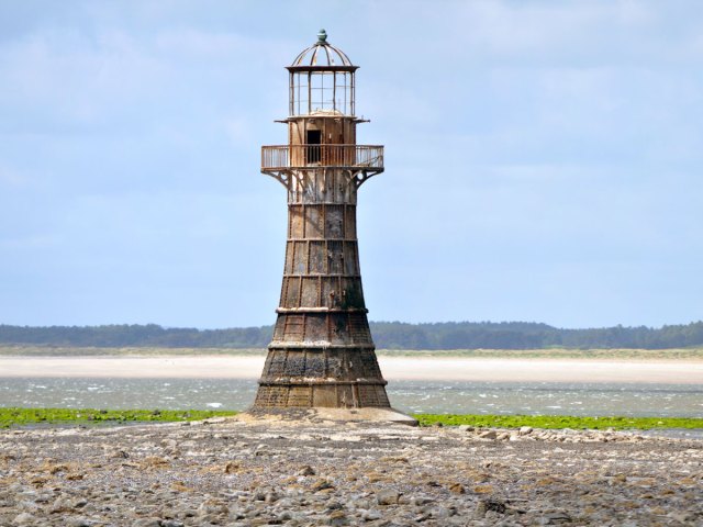 Cast iron Whitford Point Lighthouse in Wales