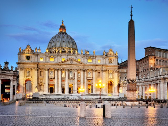 St. Peter's Square in Vatican City, seen at night