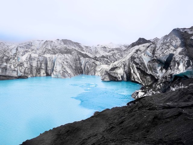 View of Sólheimajökull glacier in Iceland from mountain ridge