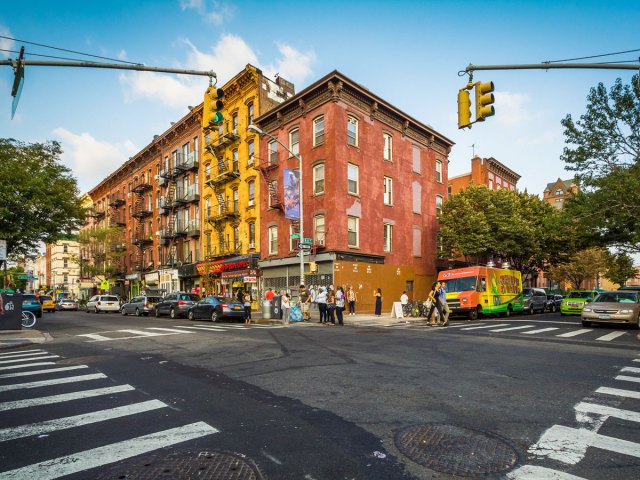 Apartment buildings on street corner in New York City