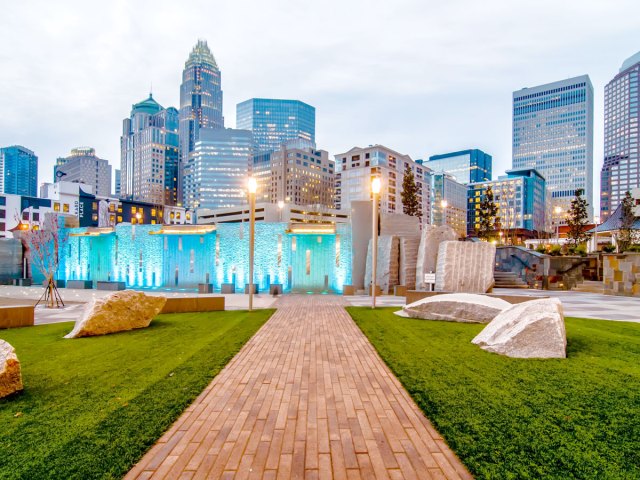 Art installation in Charlotte, North Carolina, park with skyline in background