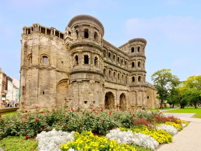 Flowers in front of Porta Nigra in Trier, Germany