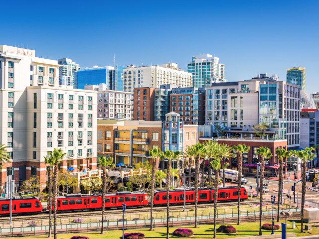 Tram and skyscrapers in San Diego, California