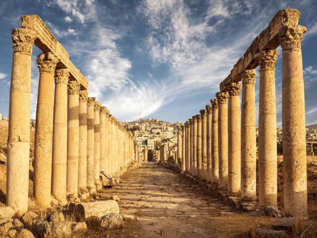 Columns lining the Cardo Maximus in Jerash, Jordan