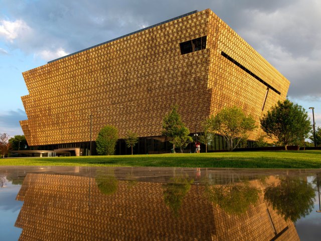 Gold-covered exterior of the National Museum of African American History and Culture in Washington, D.C.