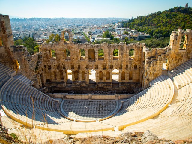 View of the ancient Theater of Dionysus in Athens, Greece, from upper seats
