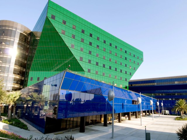 Exterior of Pacific Design Center in Los Angeles with bright geometric shapes