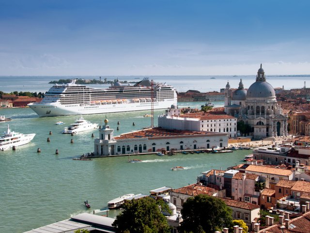 Cruise ship docked in Venice, Italy, seen from above