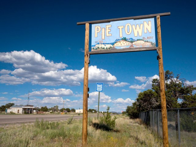 Welcome sign for Pie Town, New Mexico