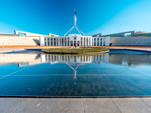 Reflective pool in front of Australian Parliament House in Canberra