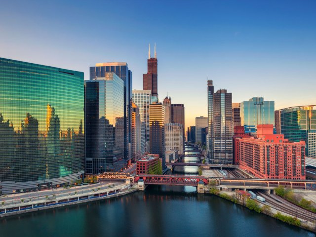 Aerial view of Chicago River and skyscrapers