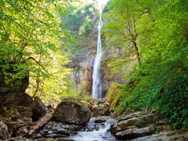 Waterfall and river in the Perućica rainforest of Bosnia and Herzegovina