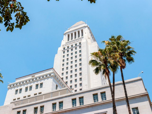 View up at Art Deco tower of Los Angeles City Hall in California