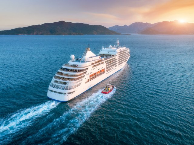 Aerial view of cruise ship at sail