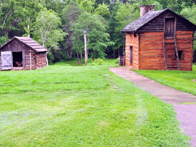 Historic log cabins at the Booker T. Washington National Monument in Virginia