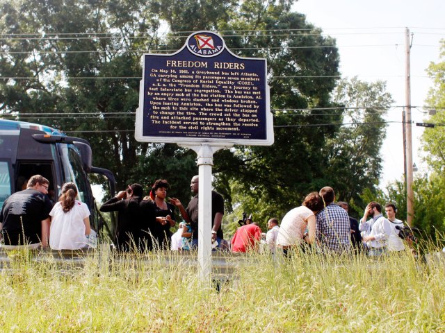 Sign indicating the Freedom Riders National Monument in Alabama