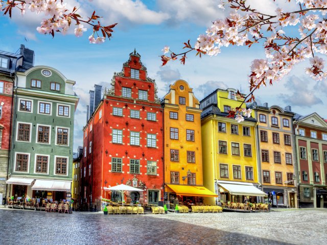 Colorful row homes along city square in Stockholm, Sweden