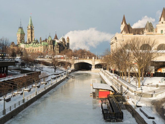 Aerial view of frozen Rideau Canal in Ottawa, Canada