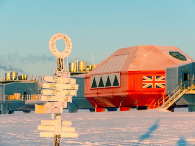 Research station built over icy landscape of Antarctica