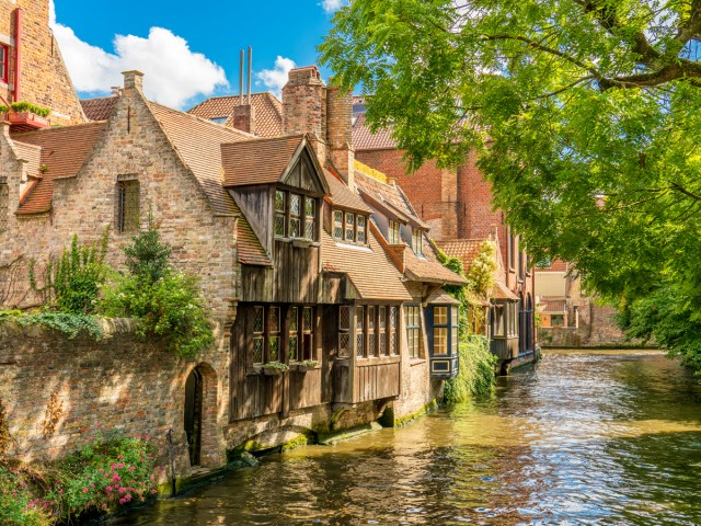 Buildings along tree-covered canal in Bruges, Belgium