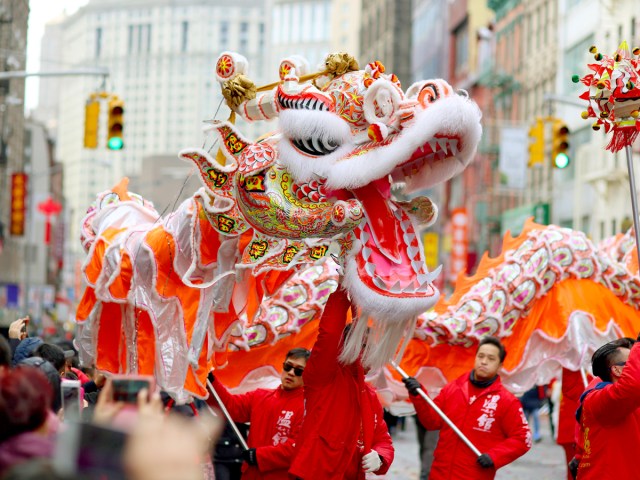 Elaborate dragon float in Lunar New Year parade in New York City