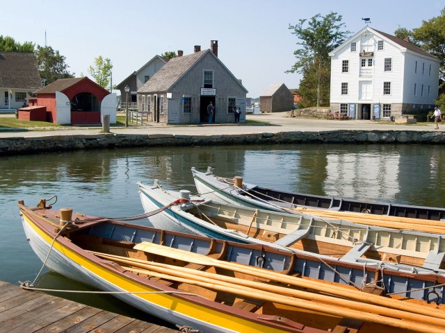 Row boats docked in harbor of Mystic, Connecticut