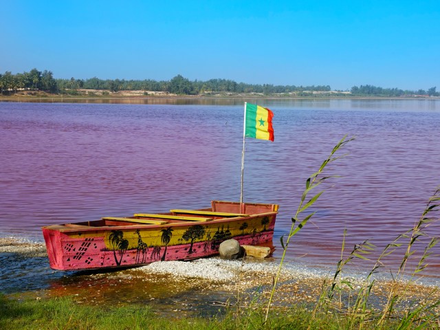 Rowboat on shores of Lake Retba in Senegal