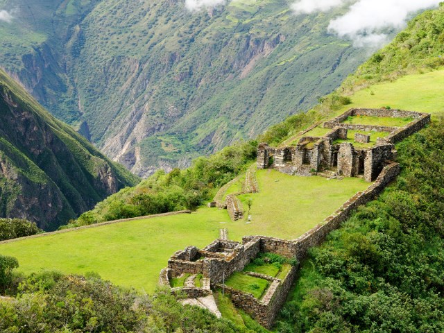 Aerial view of Choquequirao archaeological site in Andes mountains of Peru