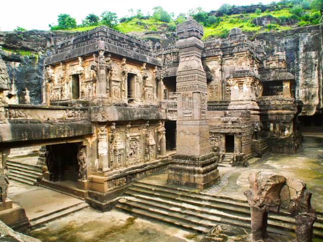 View of the Ellora Caves historical site in India