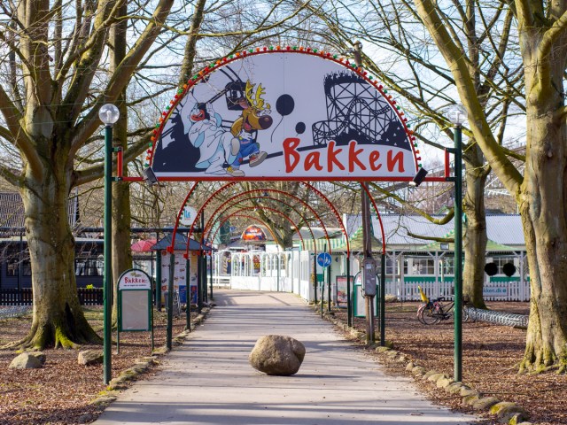 Sign above entrance to Bakken amusement park in Klampenborg, Denmark