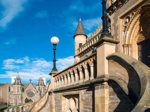 Stone steps leading to the Macmanus galleries in Dundee, Scotland