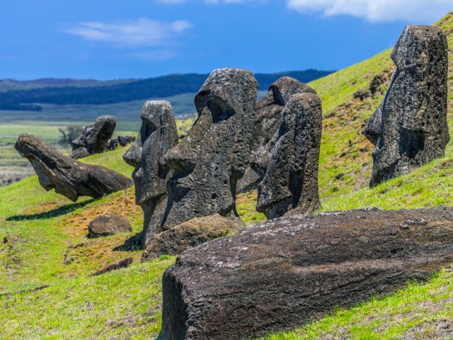 Moai statues in various positions on green hillside on Easter Island