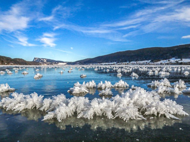 Ice crystals forming on Lac de Joux in Switzerland