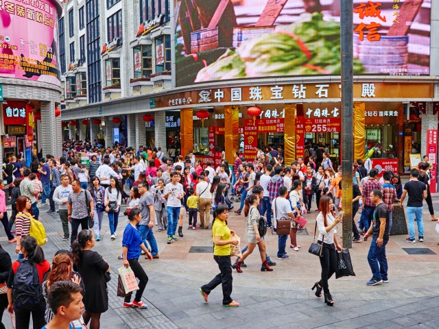 Busy pedestrian street in Guangdong, China