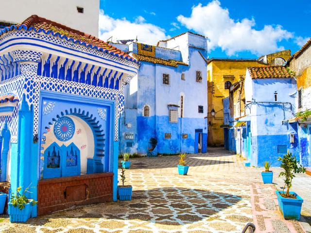 Bright blue buildings in Chefchaouen, Morocco