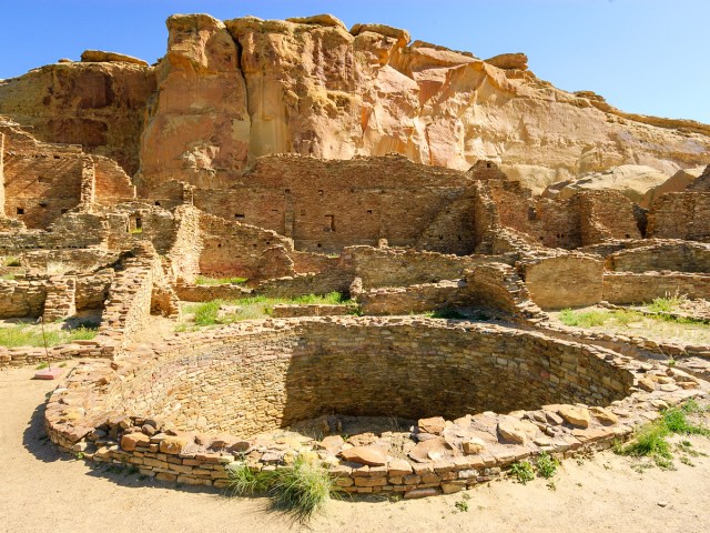 Circular stone well archaeological site at Chaco Culture Park in New Mexico