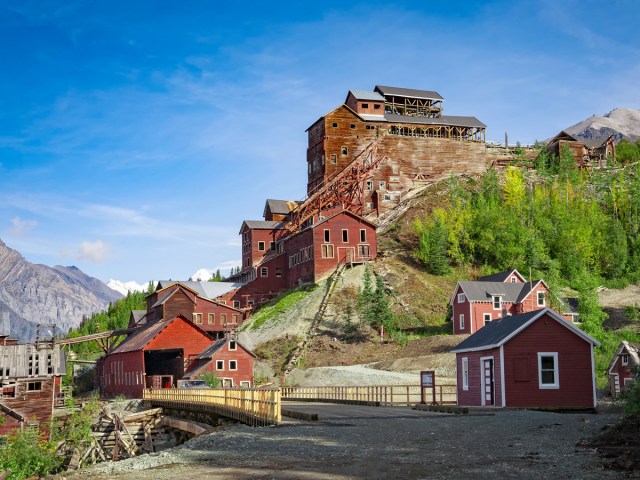 Abandoned buildings on hillside in Kennecott, Alaska