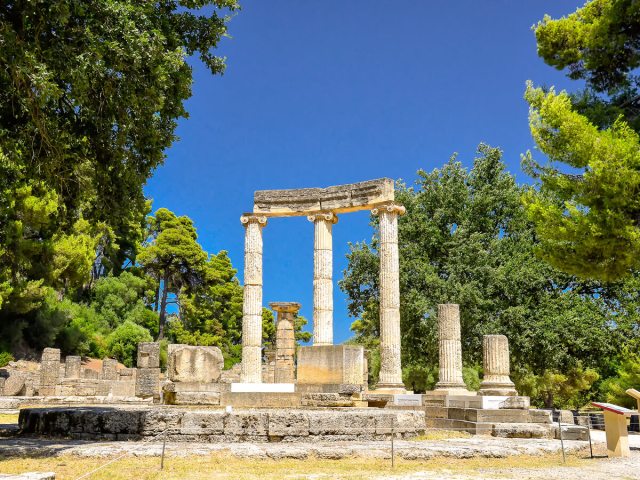Columns of temple ruins in Olympia, Greece