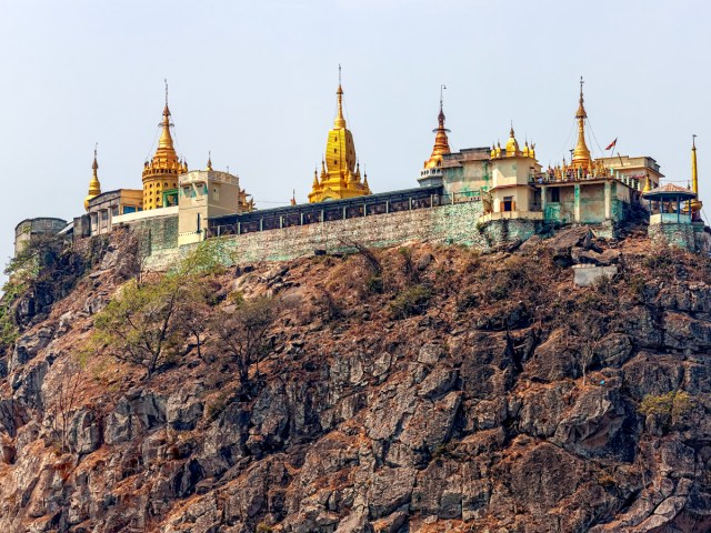 Upward-facing view of Taung Kalat monastery atop extinct volcano in Myanmar
