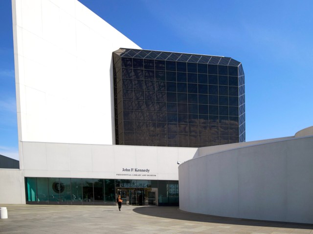 Stark, modern facade of the John F. Kennedy Presidential Library and Museum in Boston, Massachusetts